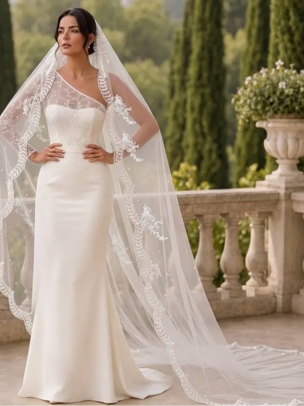 Elegant Ivory Bridal Veil with Lace Appliqué - Bridal Collection